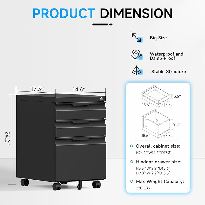 Bestoo 3-Drawer Mobile File Cabinet - Image 3