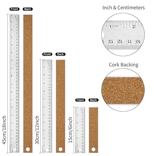 Metal Ruler with Cork Backing, 6+12+18 Inch Stainless Steel Rulers 6 Inch 12 - Image 2