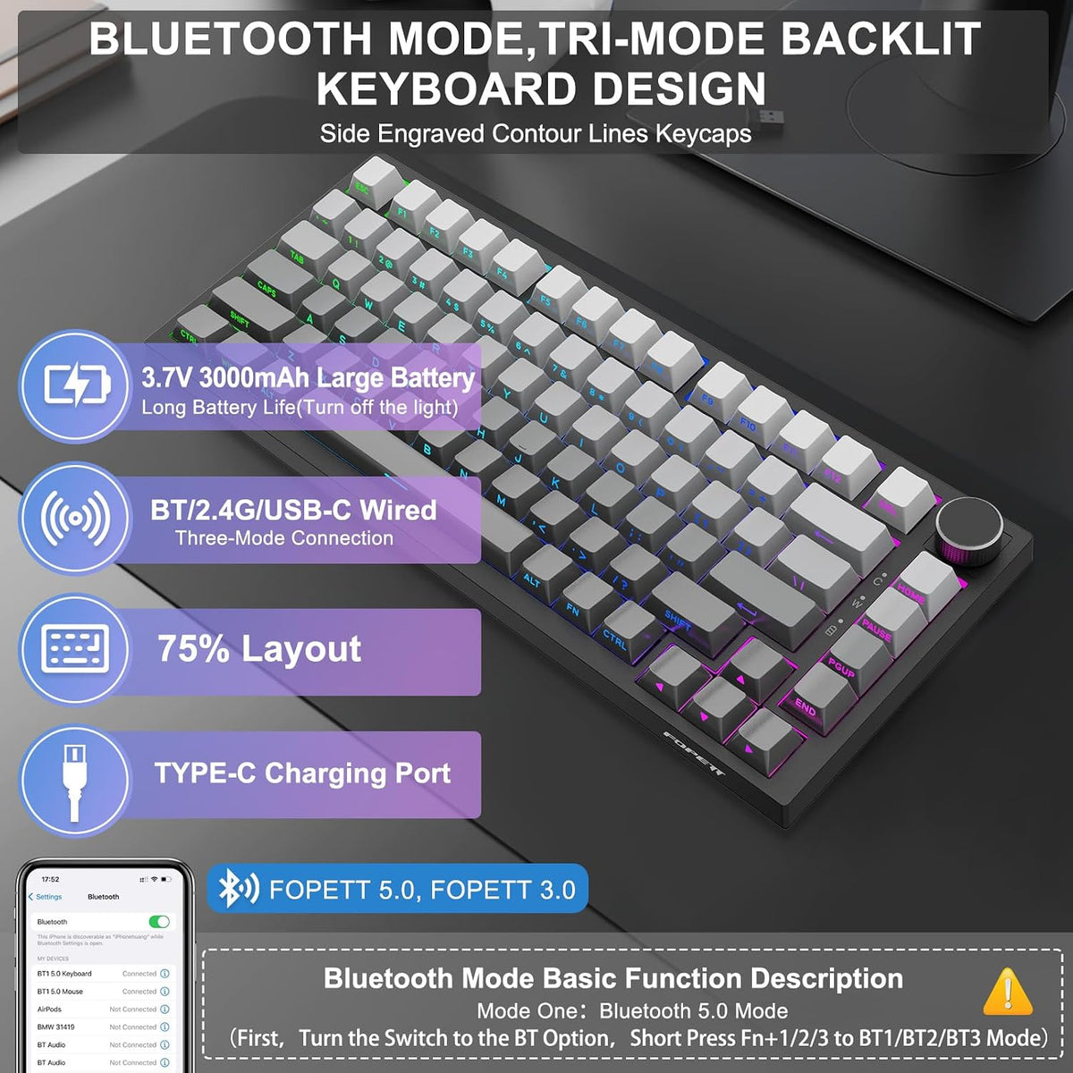 Wireless Mechanical Backlit Gaming Keyboard with Knob,Hot Swappable,Grey