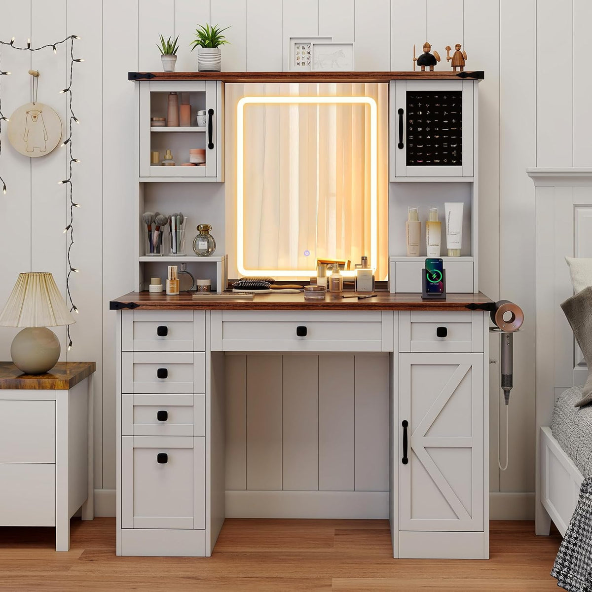 CHARMAID Farmhouse Vanity Desk with Lighted Mirror & 7 Drawers, 45 inch M...