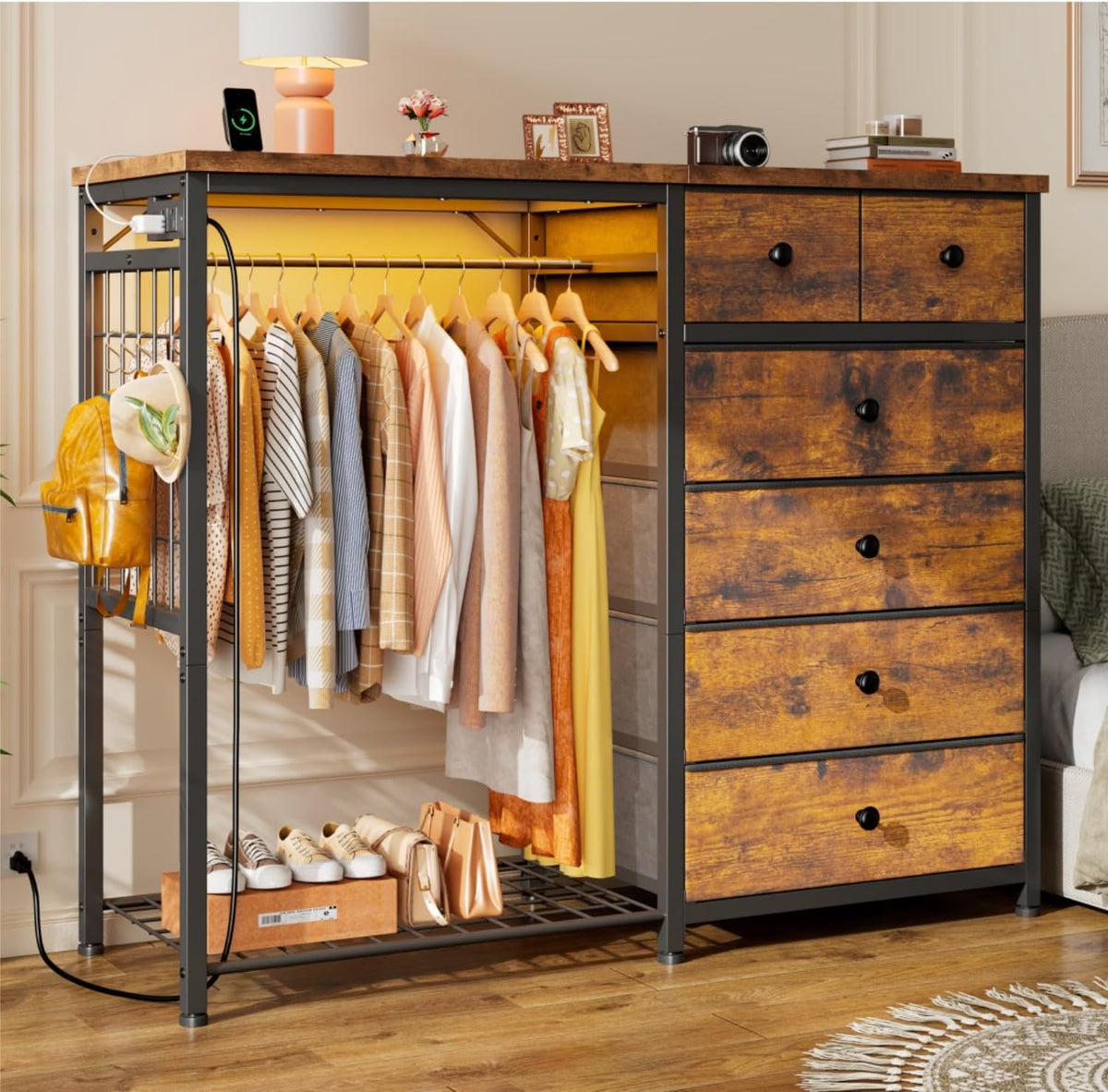 EnHomee 49.2" W Dresser with Hanging Rack & 6 Fabric Drawers – Wooden Top