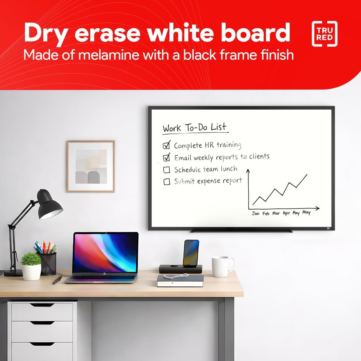 TRU RED Melamine Whiteboard, 3 ft x 2 ft, Black Aluminum Frame