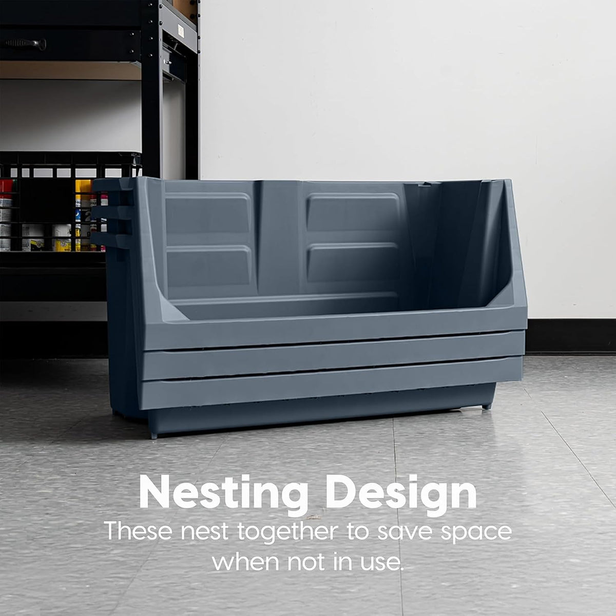 iris usa open front storage bins, heavy duty, front angle view