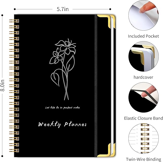 Undated Weekly Planner with Metal Corner Hardcover Notebook, A5 Size Journal - Image 2