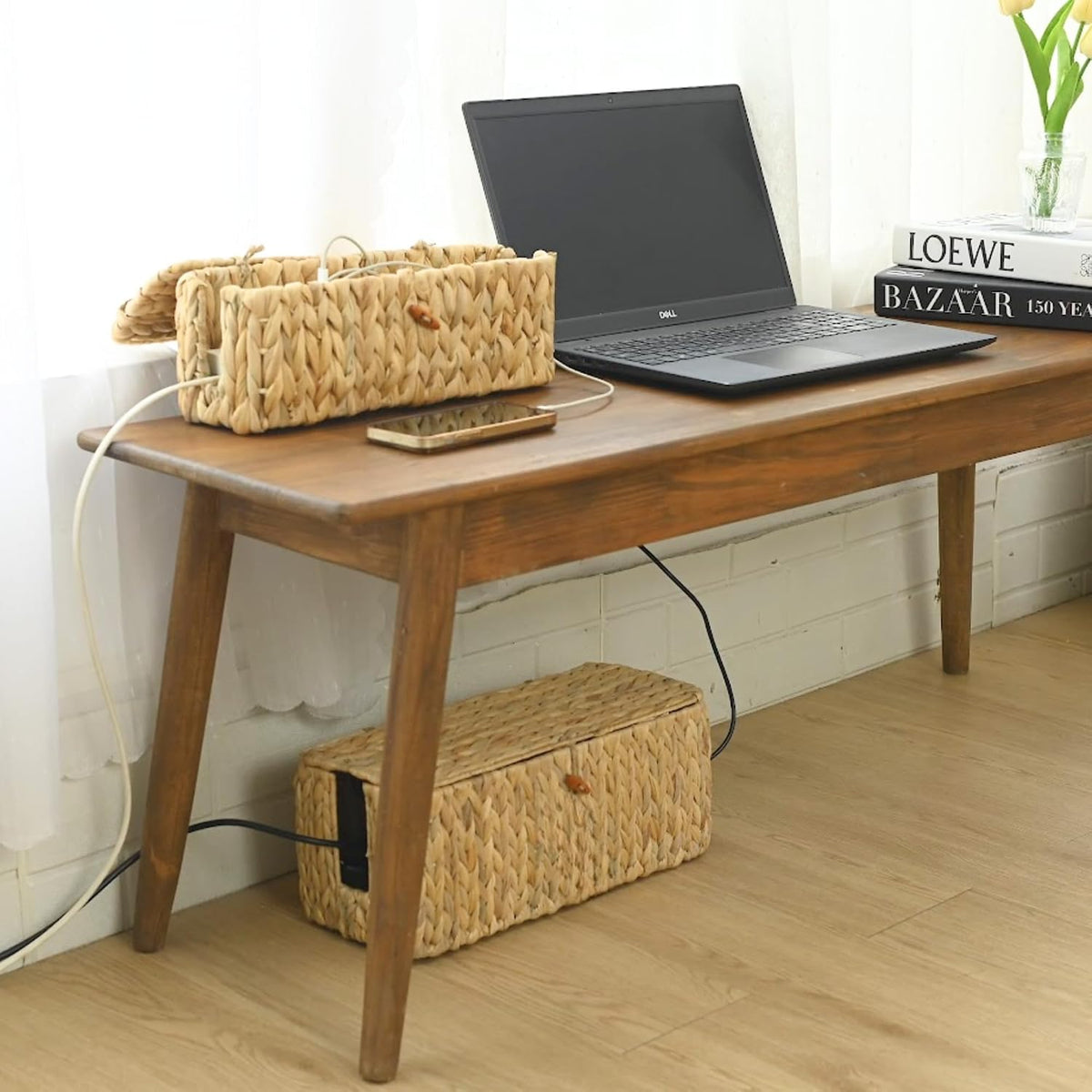 Wicker Cable Management Box Set of 2 with Lid, 15 in, Natural