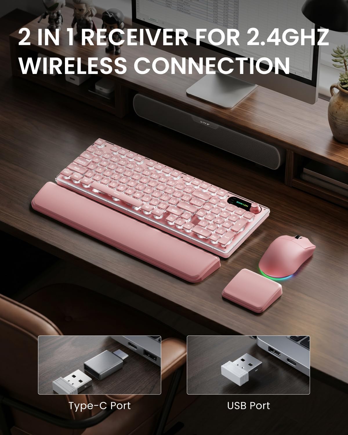 EWEADN V98 Wireless Keyboard and Mouse Combo with Dual Wrist Rest, Pink