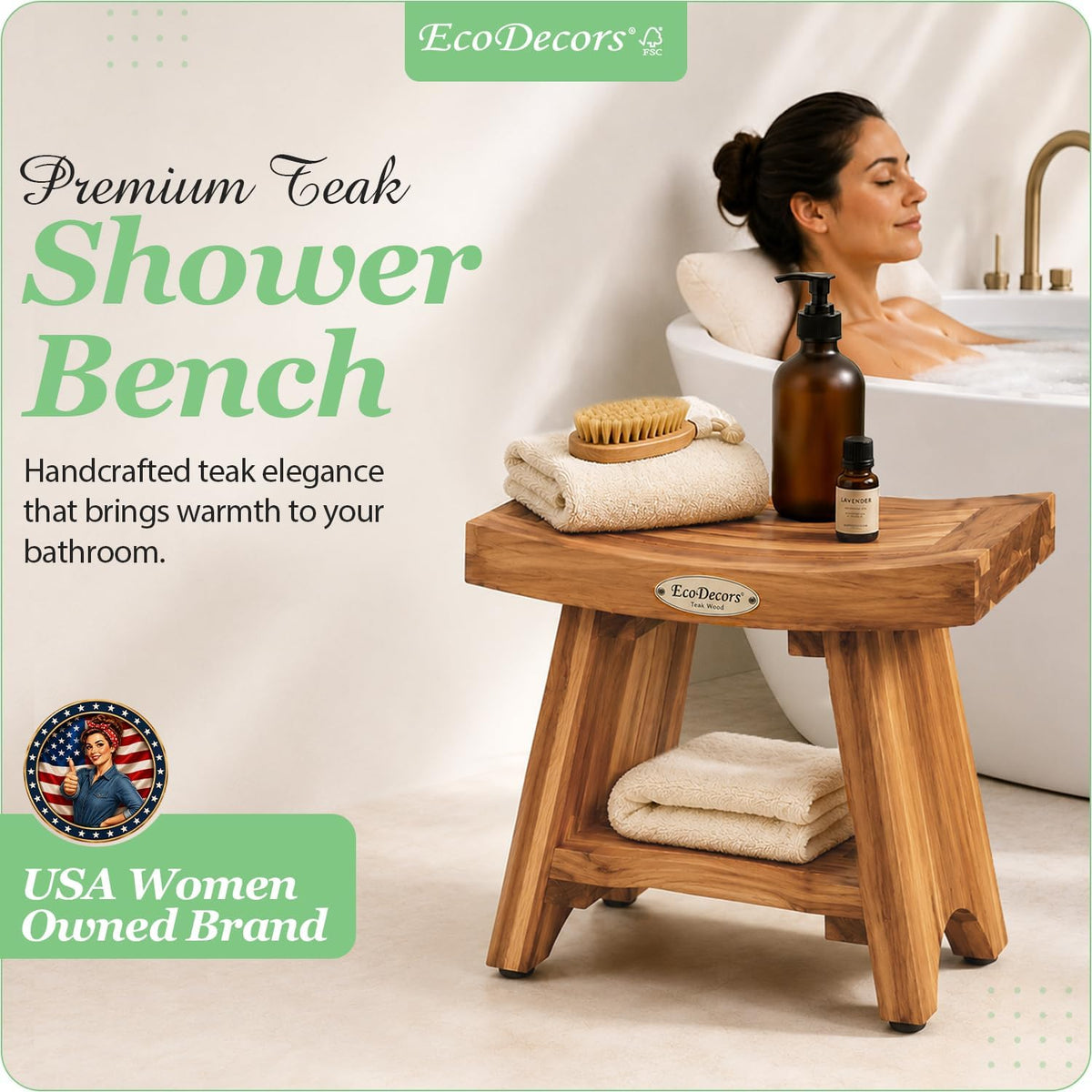 EcoDecors 18" Teak Shower Bench with Shelf, Solid Teak Wood Shower Stool