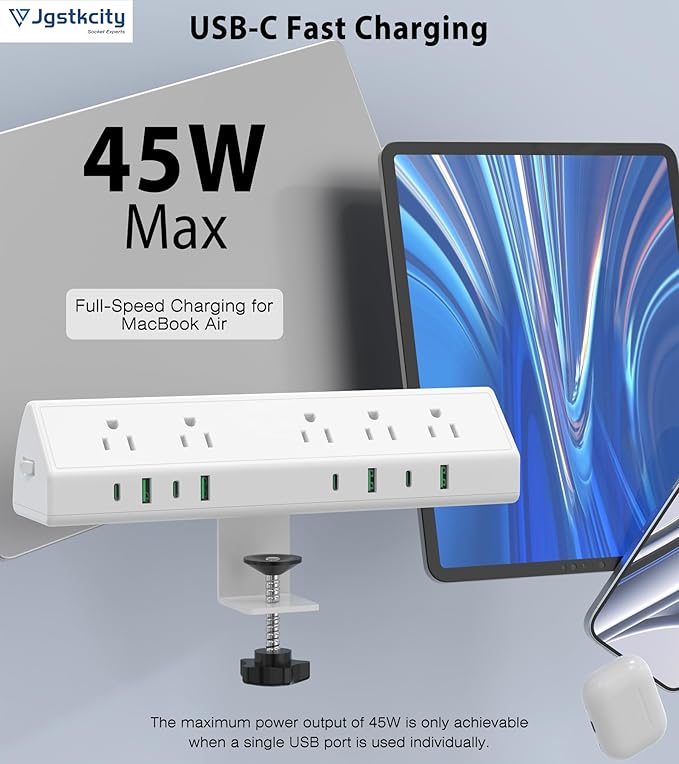 45W Fast Charging Station, Desk Clamp Power Strip, 4 PD USB-C Ports, 5 AC - Image 4
