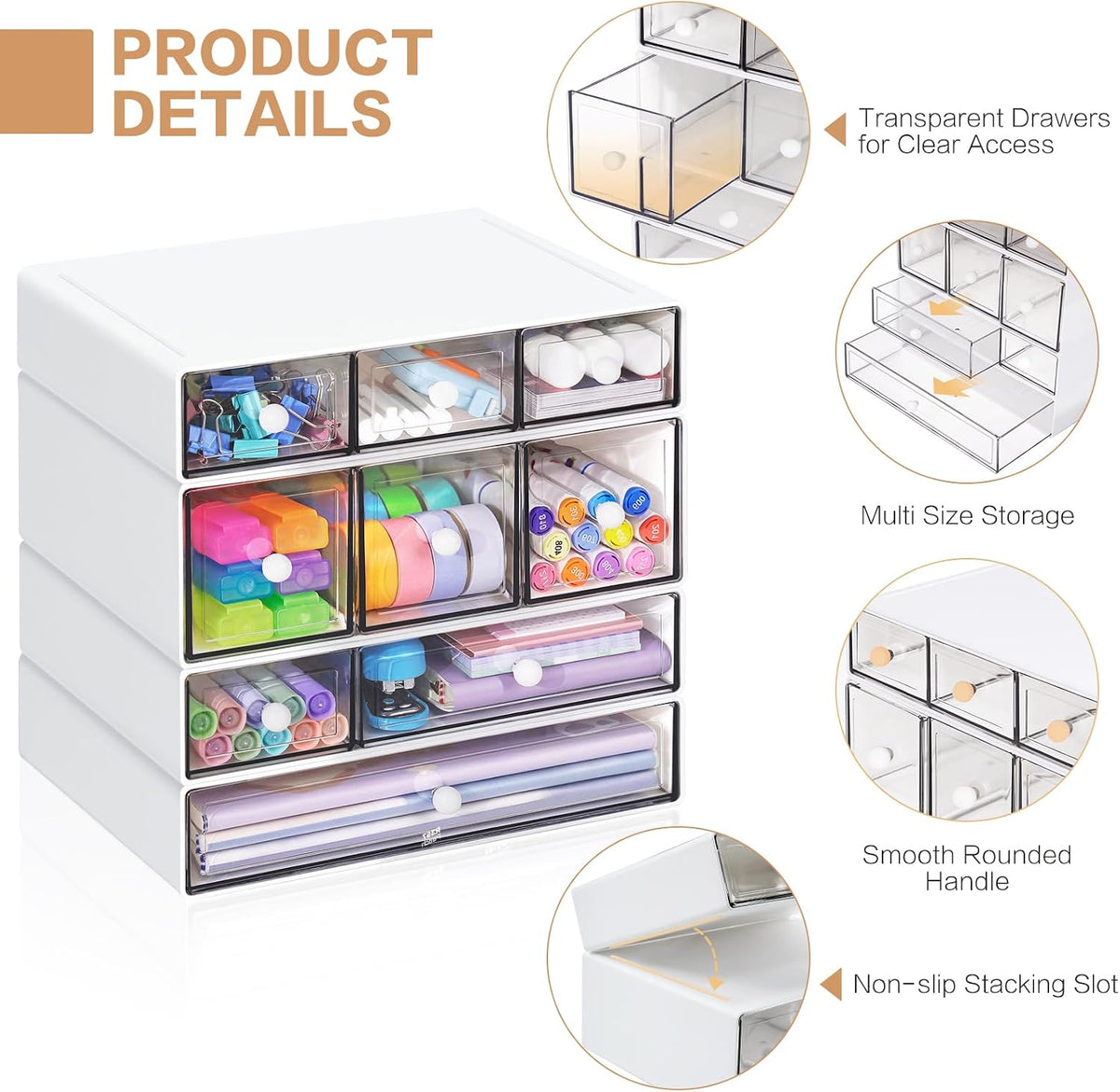 desk storage organizer with 9 drawers, 4 tiers, side view