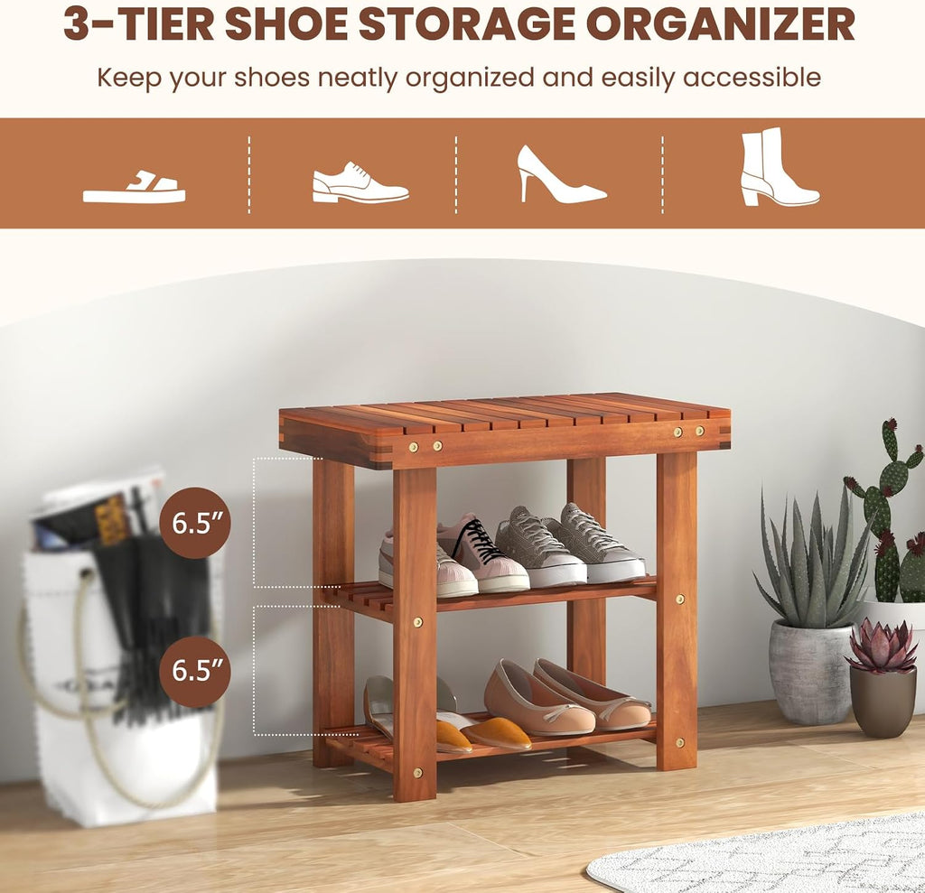 tangkula acacia wood 3-tier shoe rack bench, walnut showing dimensions