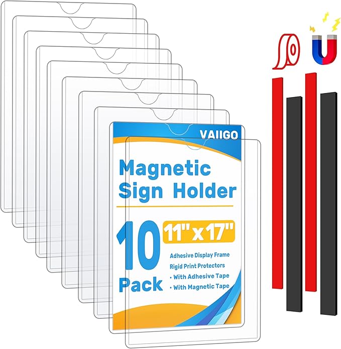 Magnetic Frames 11 x 17 Sign Holder Wall Mount 10 Pack, Rigid Clear Plastic by VAIIGO