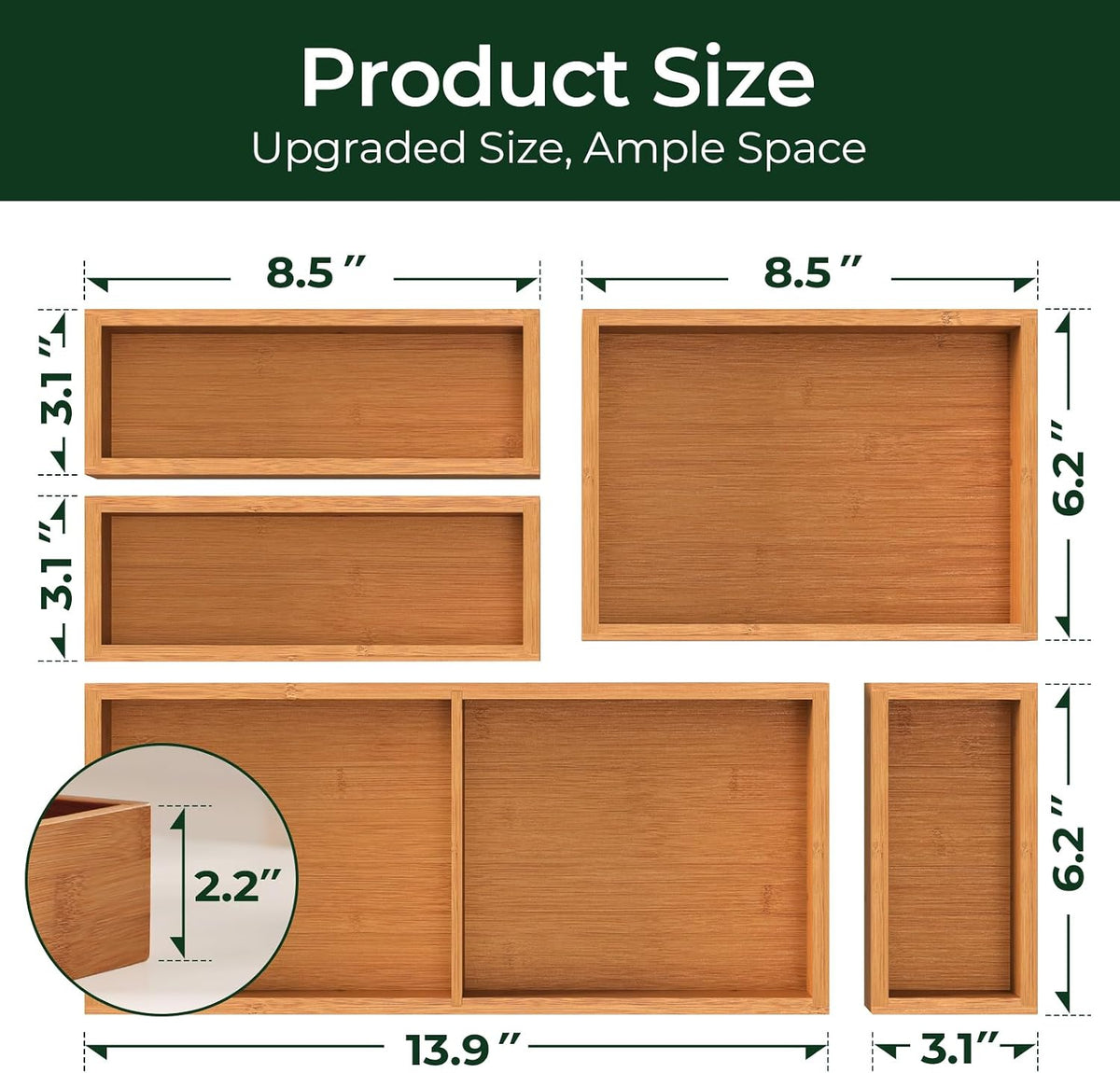 keechee 5-Piece Bamboo Drawer Organizer Set, 2.2" Deep Multi-Use Organiz...