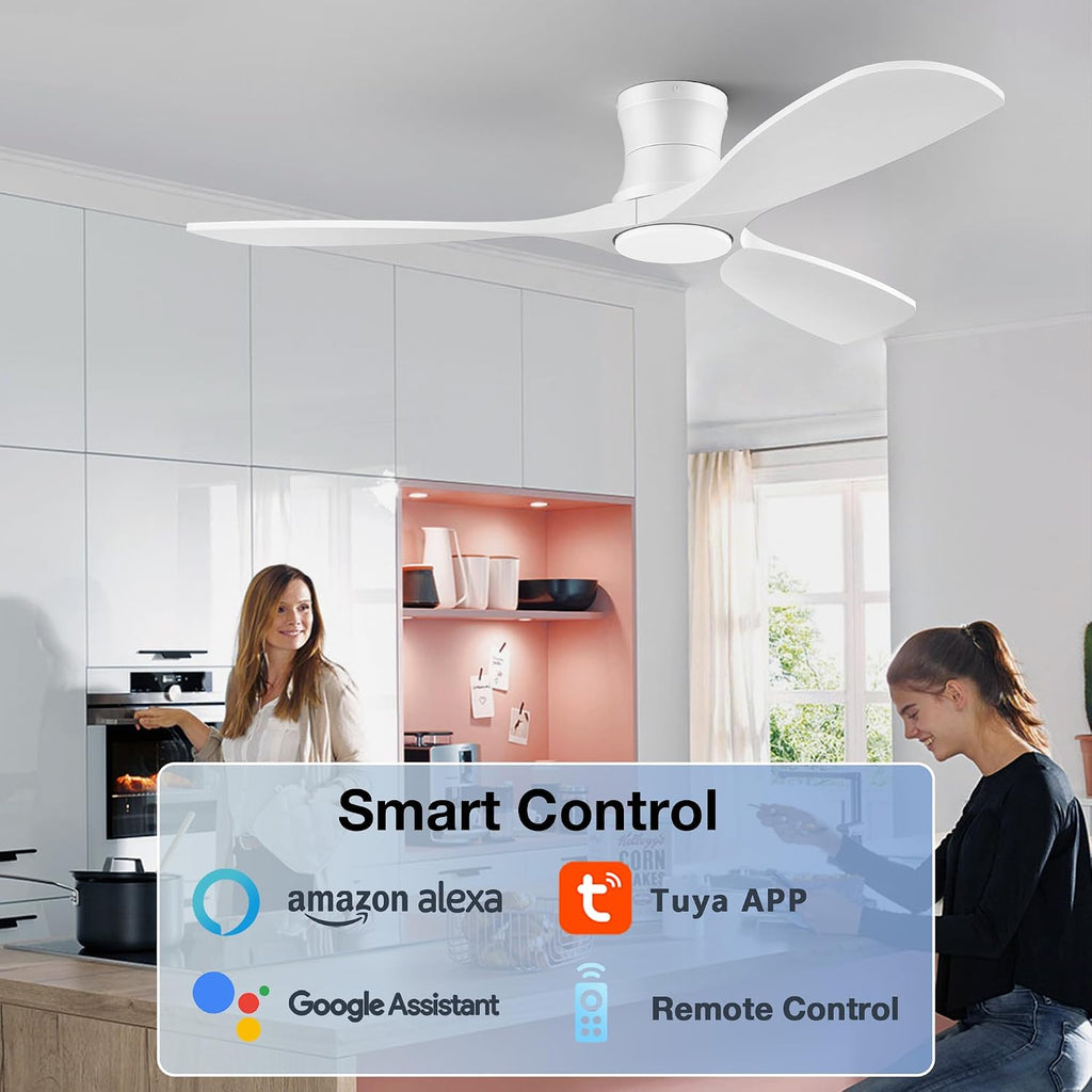 52” smart low profile ceiling fans with light shown in use