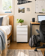 fully assembled 3-drawer mobile file cabinet with lock, front angle view
