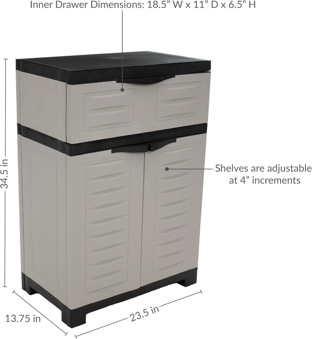 sunnydaze 34.5" garage storage cabinet with adjustable shelf, close-up detail
