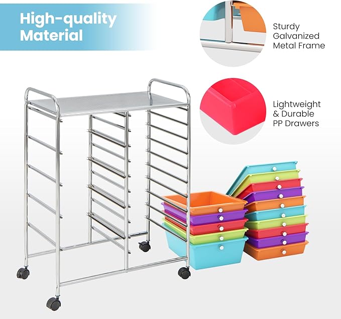 Giantex 15-Drawer Organizer Cart Office School Storage Cart Rolling Drawer Cart - Image 6