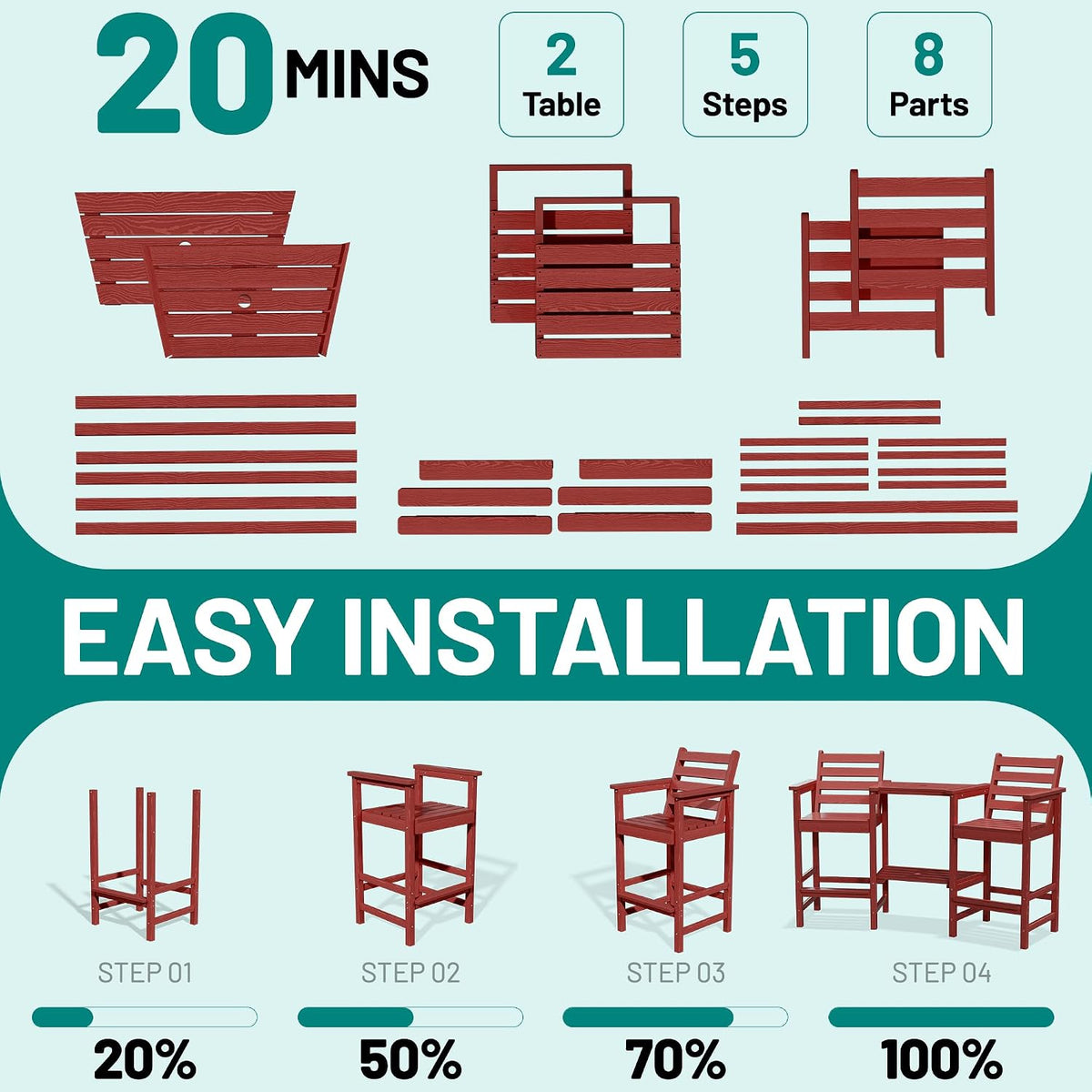 PLUUV Tall Adirondack Chairs Set of 2 with Double Table Trays, Red