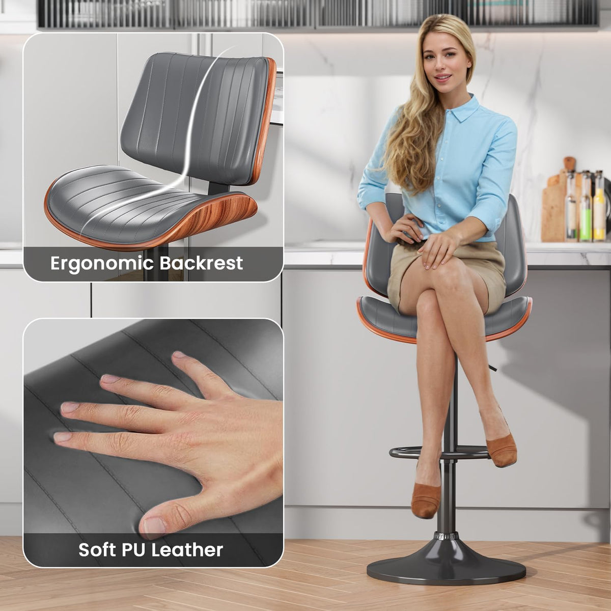Swivel Bar Stools 4PCS, Adjustable Bentwood Barstools for Kitchen Counter