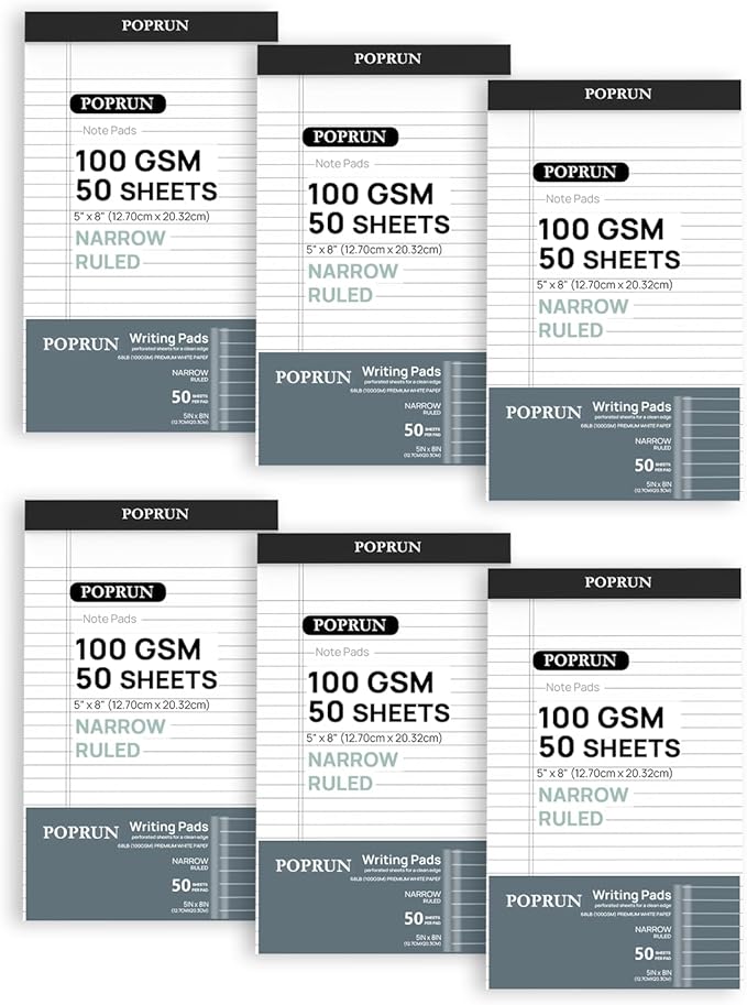 POPRUN Small White Legal Pads 5 x 8 Narrow Ruled, 100GSM Writing Paper Pad by POPRUN