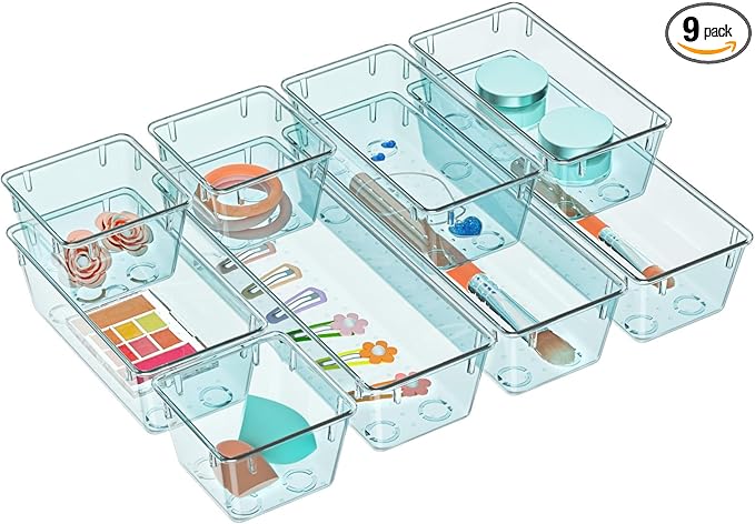 WOWBOX 9 Pack Clear Drawer Organizer Set, Acrylic Drawer Storage Trays by WOWBOX