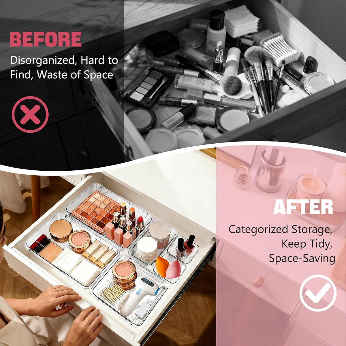 21 PCS Extendable Drawer Organizer Set Clear Stackable Vanity Storage Bins
