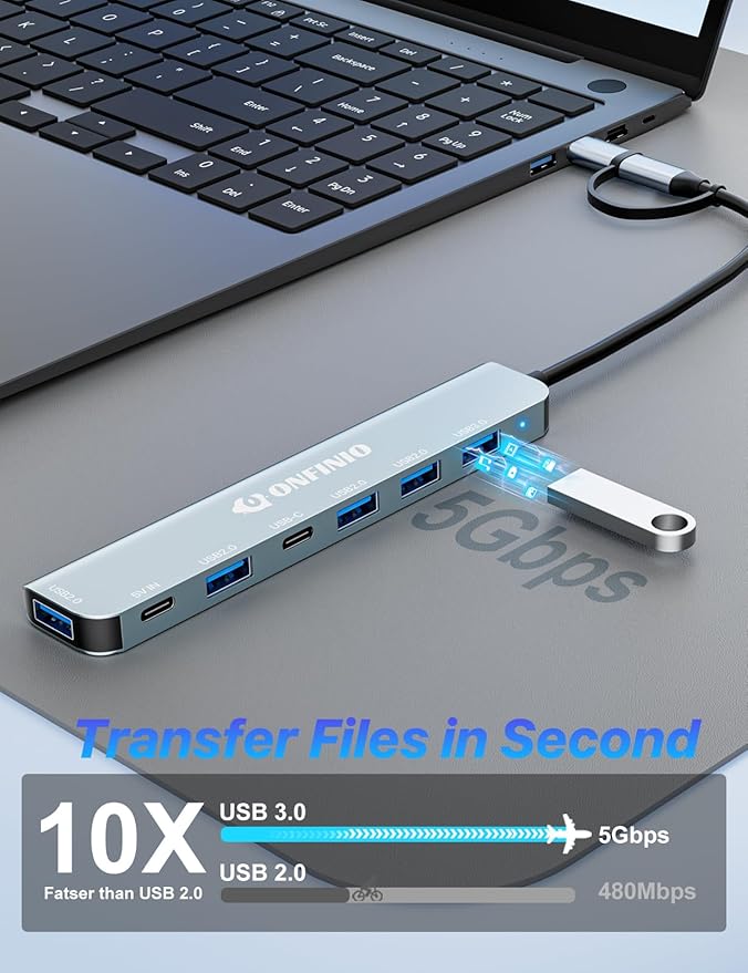ONFINIO USB C/USB Hub Multiport Adapter, 7 in 1 Aluminum USB 3.0 Hub - Image 3