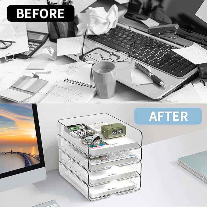 OUTIOE 4-Tier Paper Organizer for Desk, Stackable Desk Organizer Paper Tray - Image 3