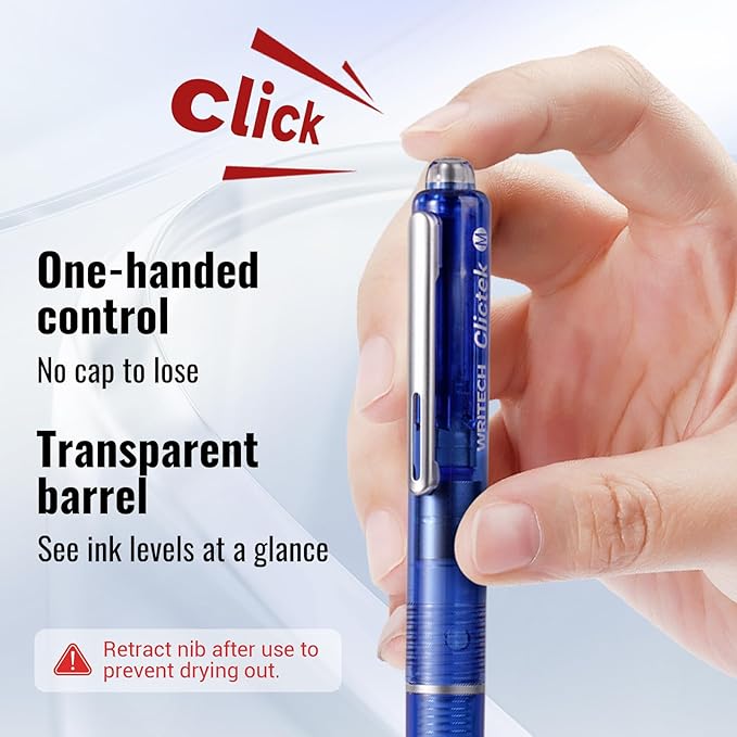 WRITECH Clictek Fountain Pen Retractable: Blue Ink Medium Nib Transparent Barrel - Image 3