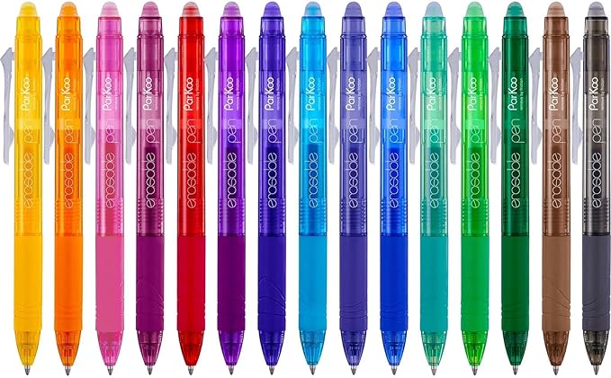 ParKoo Erasable Gel Pens, 15 Colors Retractable Erasable Pens Clicker, Fine by Parkoo