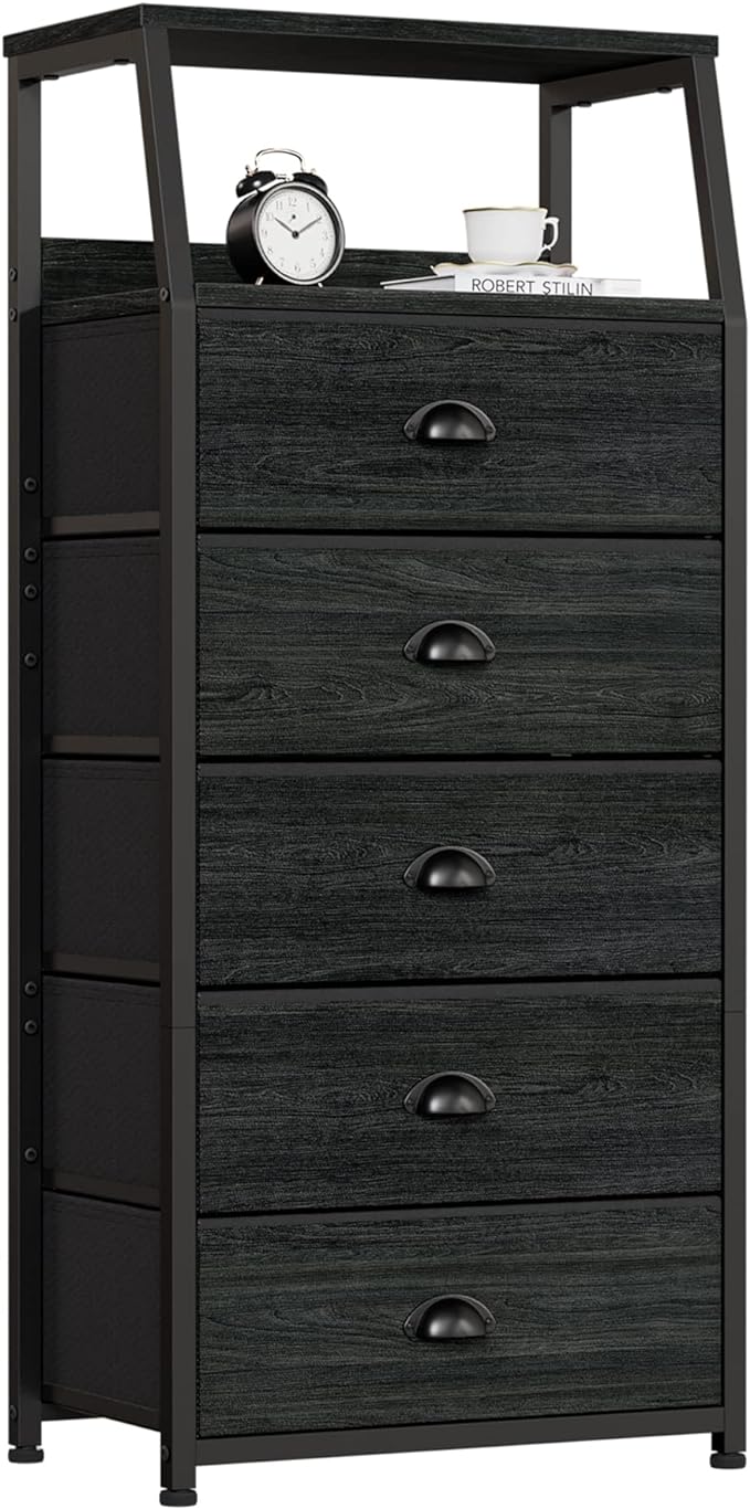 Furnulem Black Dresser with 5 Drawers, Vertical Storage Tower Fabric Dresser by Furnulem
