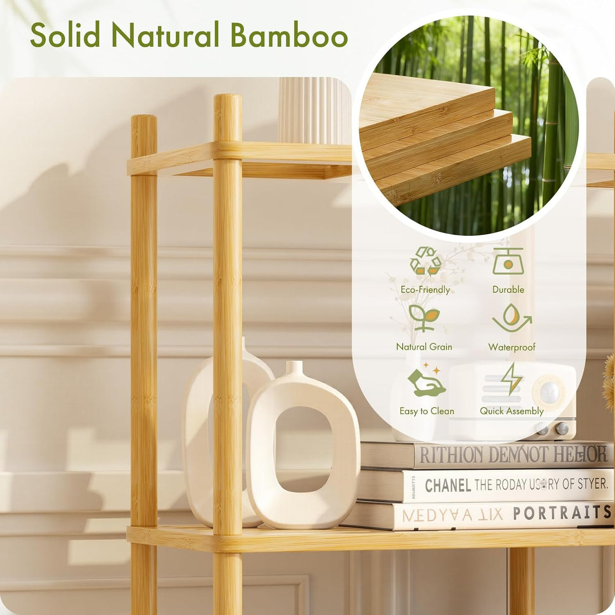 3 Tier Book Shelf, Wide Bamboo Bookshelf, Bookcase with 6 Open Display Shelve...
