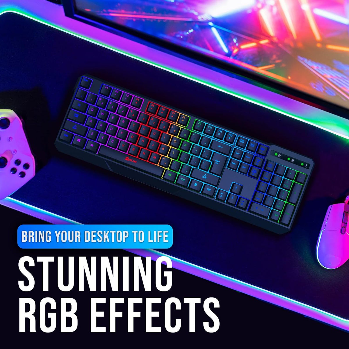 KLIM Chroma Quiet Keyboard, Wired Gaming, US QWERTY, Chromatic RGB Lighting