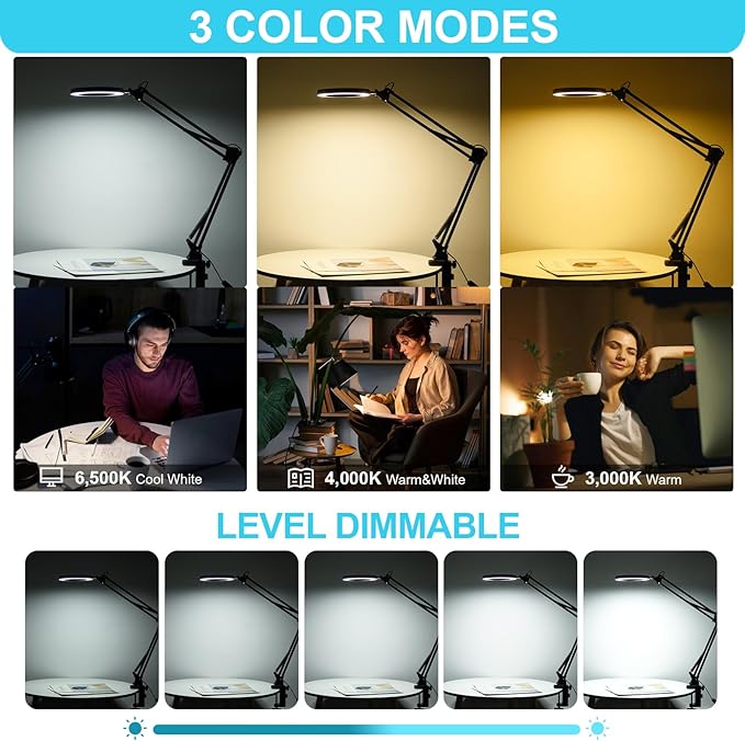 LED Magnifier Desk Lamp with Stand, 3 Color Modes & Stepless Dimming 5-Diopter - Image 3