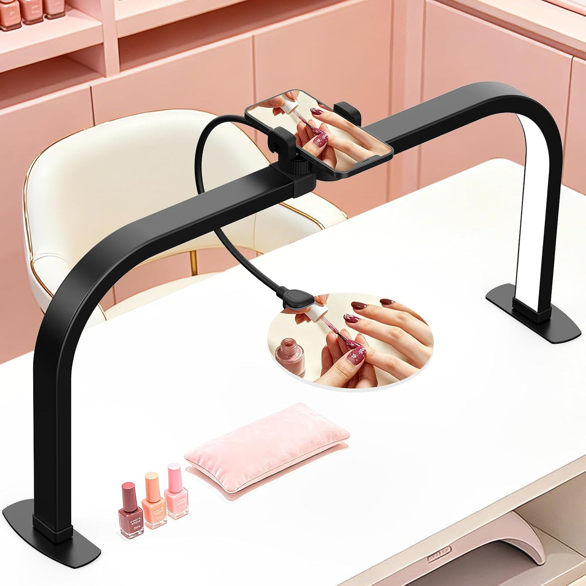 Half Moon Nail Light for Desk with 5X Magnifier & Phone Holder