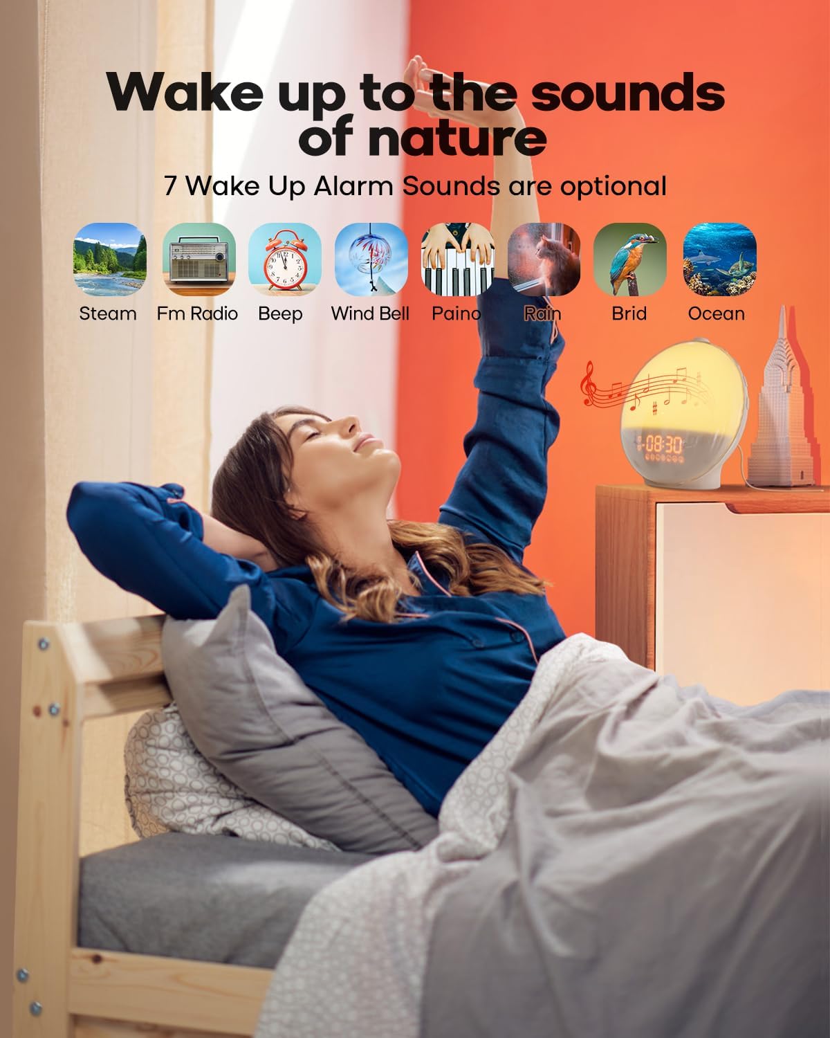 sunrise alarm clock for heavy sleepers, wake up shown in use