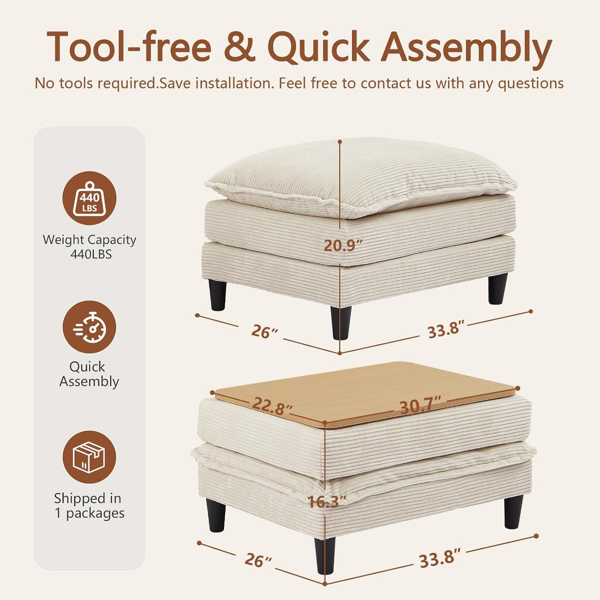 Corduroy Storage Ottoman Coffee Table for Modular Sectional Couch, Corduroy F...