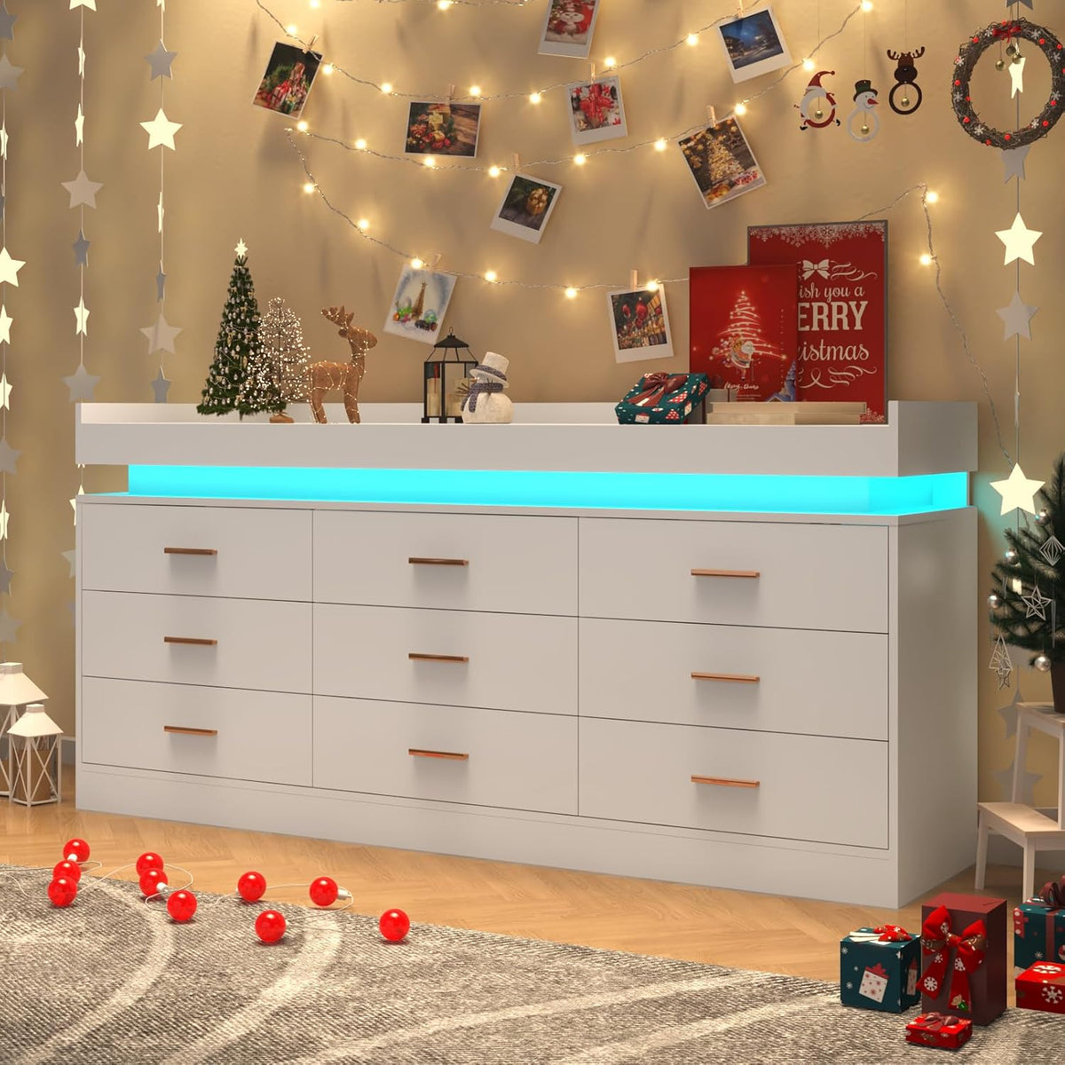 Hlivelood 9 Drawer Dresser with LED Light and Charging Station, Modern Chest ...