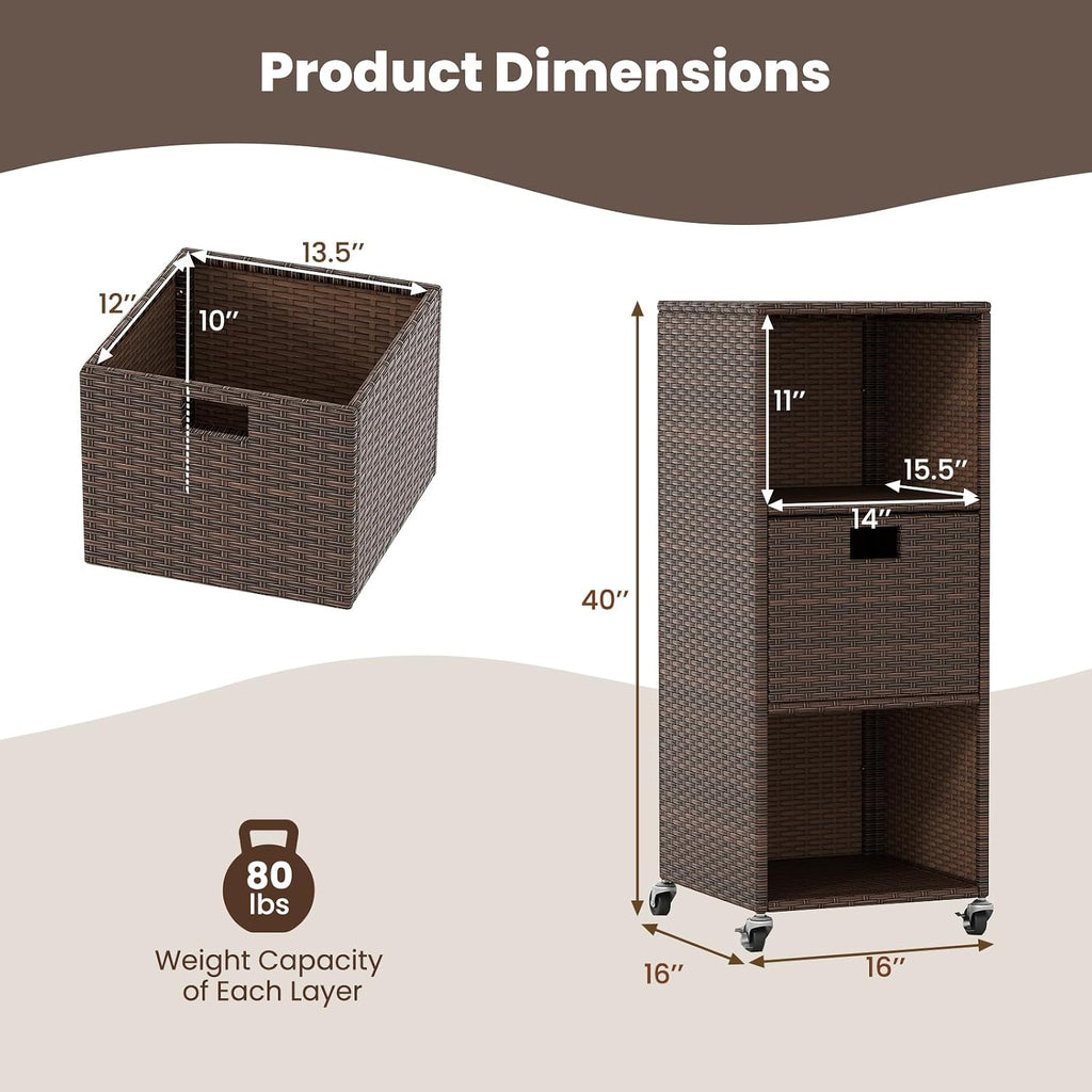 tangkula rattan outdoor storage cabinet with 4 wheels, close-up detail