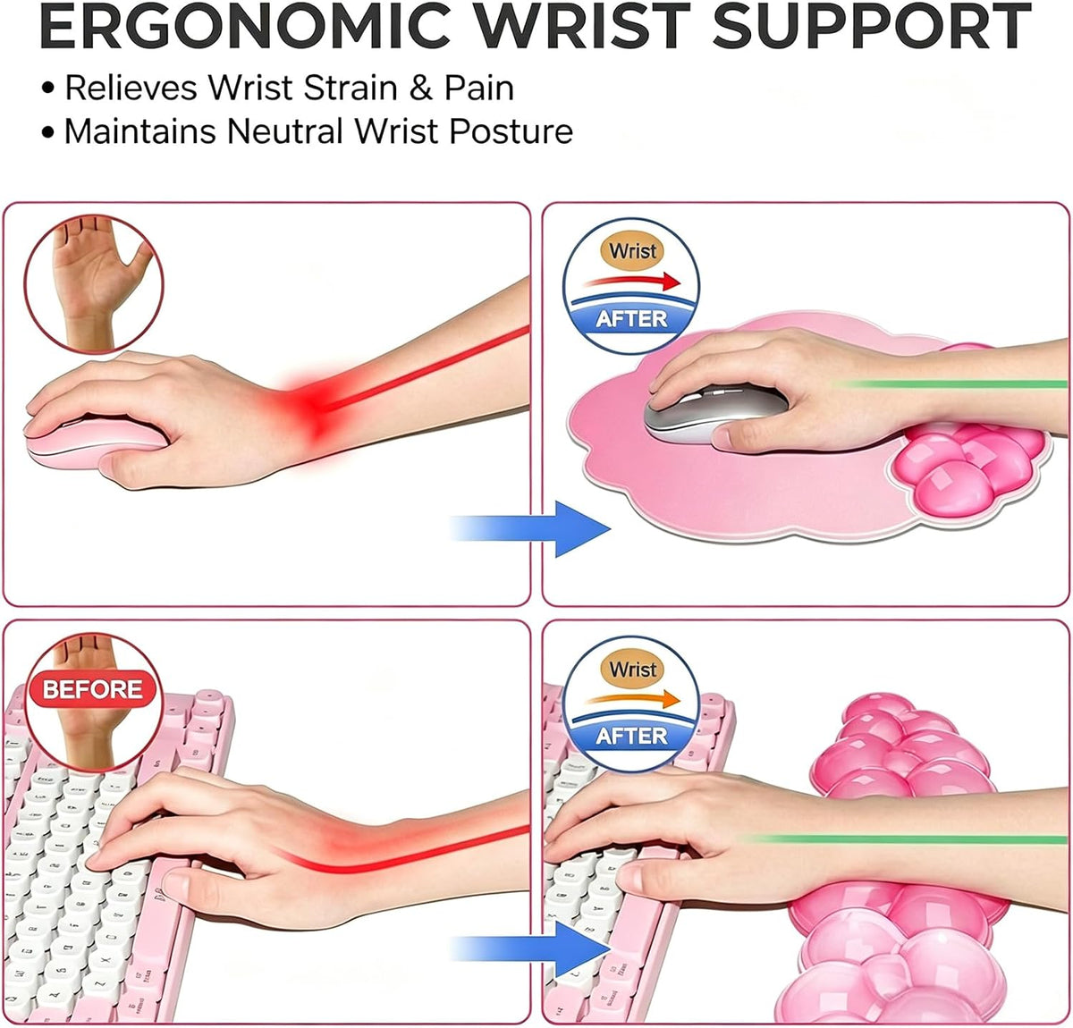 Gel Wrist Rest and Cloud Mouse Pad, for Keyboards and Mice - Ergonomic Pink K...