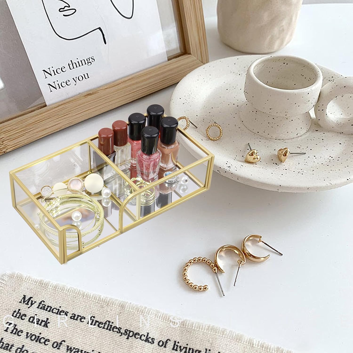 Glass Sticky Note Holder,2 Slots Gold Post It Note Dispenser for Desk,3 x 3 Inch Post It Note Holder, Stylish Sticky Note Dispenser for Home Office Desk Table Drawer