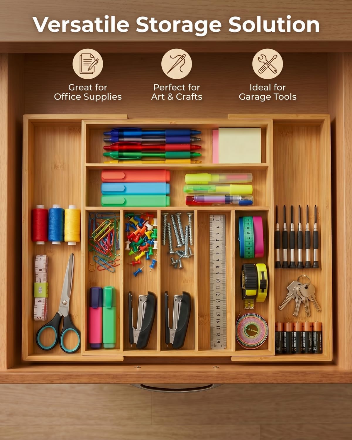 Expandable Bamboo Silverware Drawer Organizer – Adjustable 21" Wide Wood...