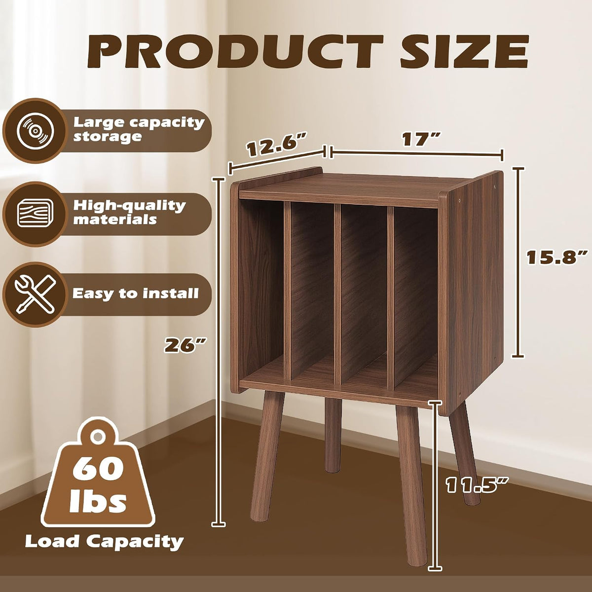 Record Player Stand, Vinyl Record Storage Table with 4 Cabinet, Mid Century M...