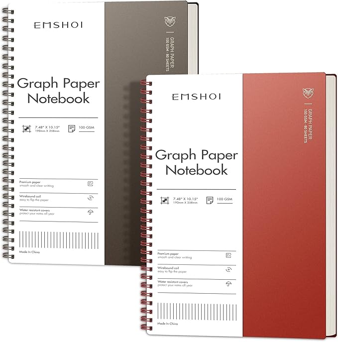 EMSHOI Graph Paper Spiral Notebook 7.48" x 10.15", 2 Pack 320 Pages B5 Large by EMSHOI