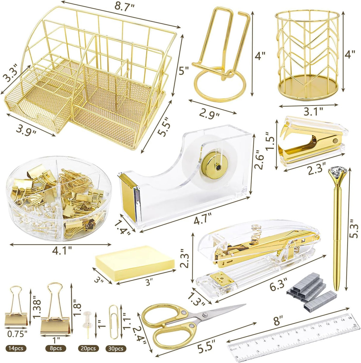 gold office desk organizers, 13pcs office supplies and shown in use
