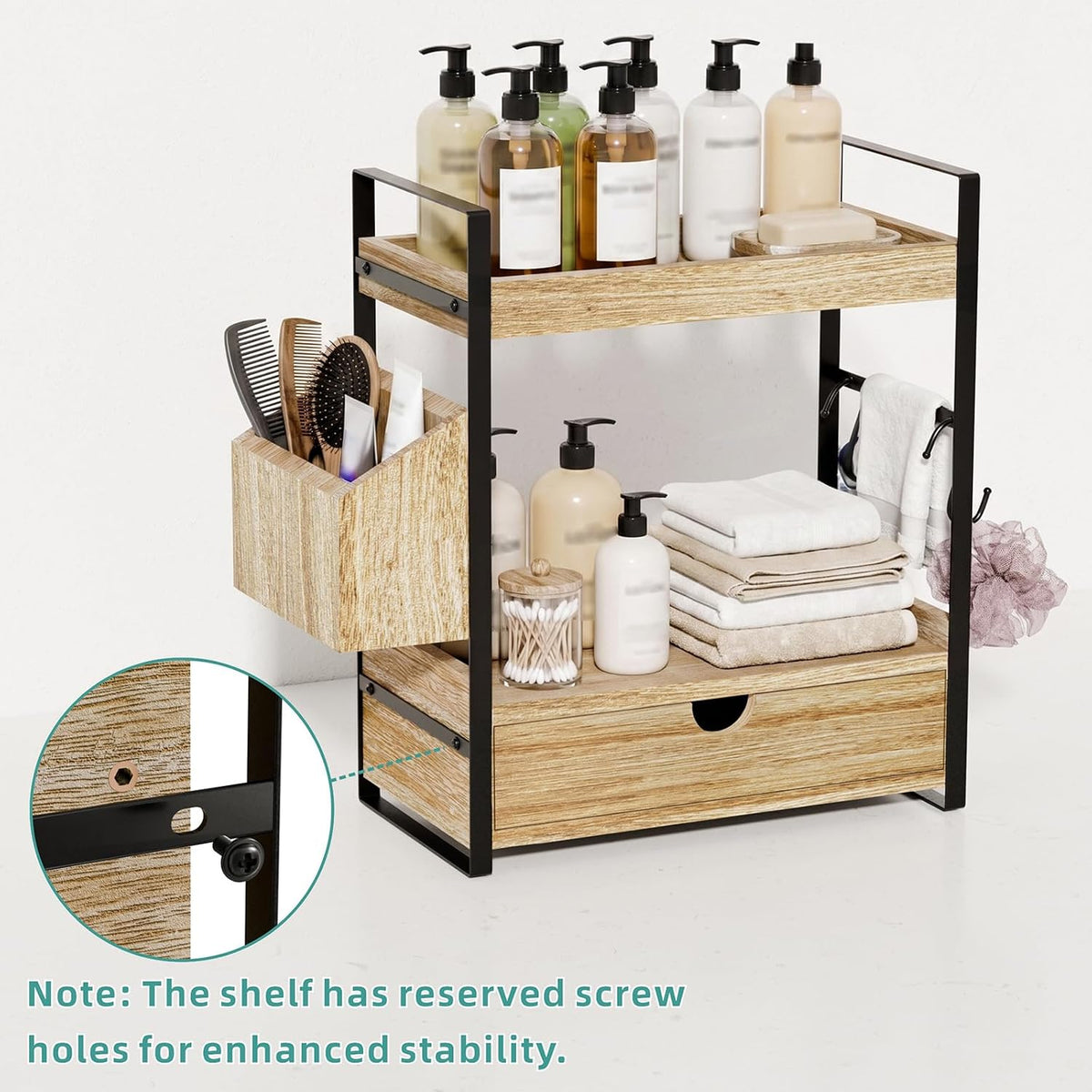 Kottwca 2-Tier Bathroom Counter Organizer with Drawer, Wooden Vanity Shelf