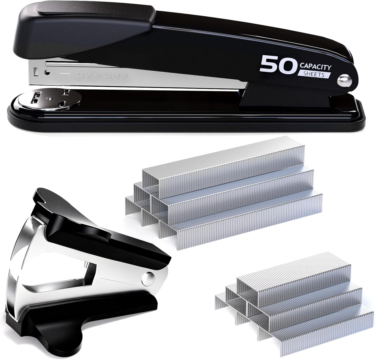 Metal Stapler Heavy Duty - 50 Sheet Capacity with 2000 Pieces 1/4", 5/16" Staples and Staple Remover, No Jam, Non-Slip, Stapler Heavy Duty for Desk, Classroom and Office, Black
