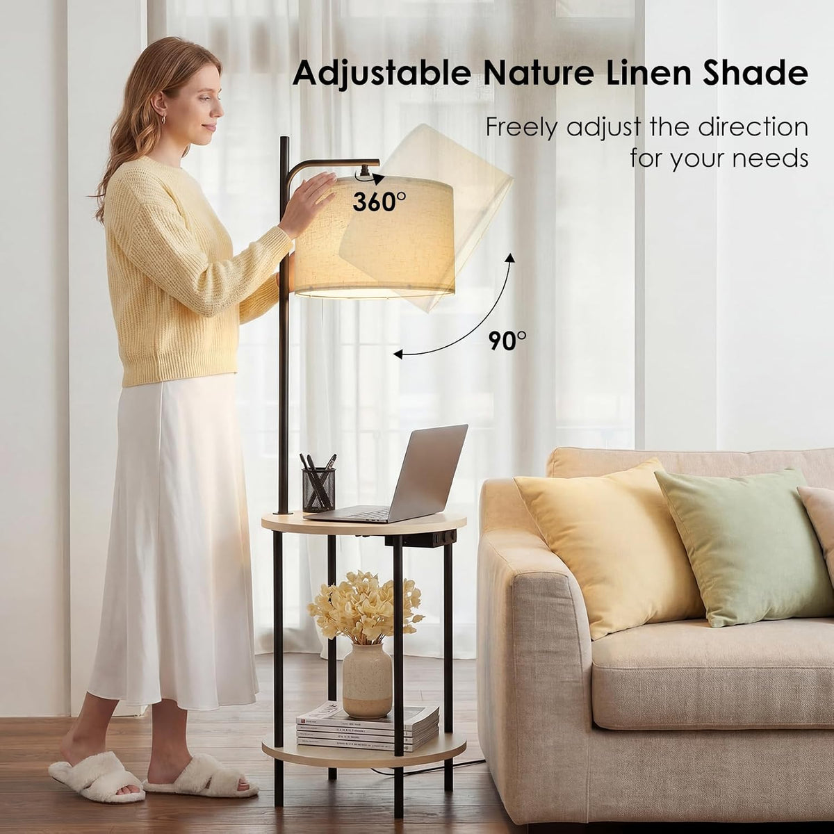 ONEWISH Floor Lamp with Table, USB/Type-C/AC Charging Ports, 9W LED Bulb, Rou...