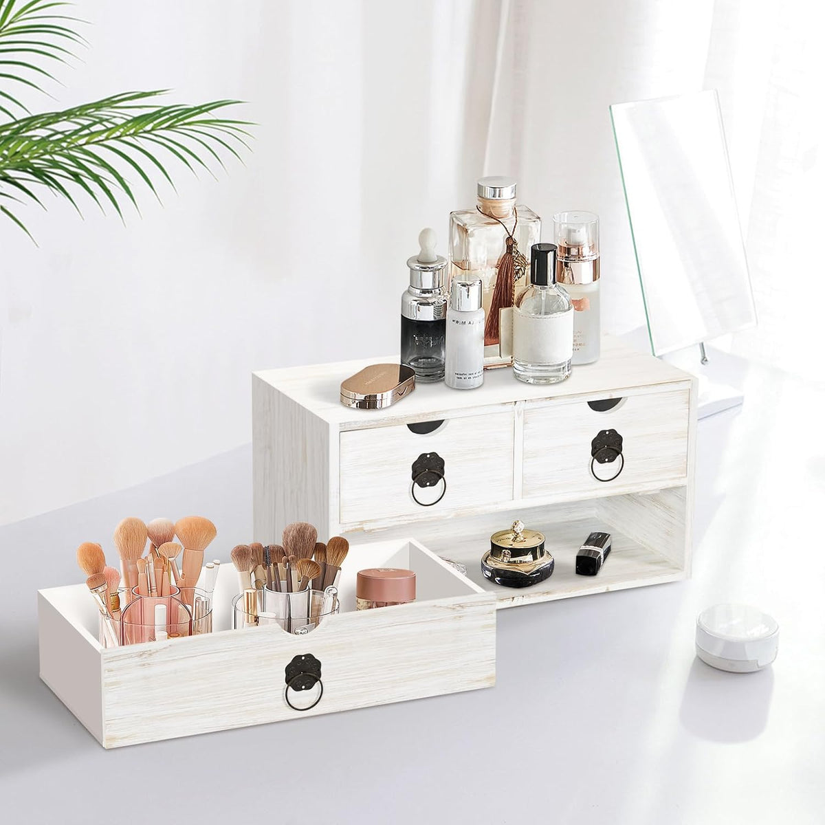Wood Desk Organizer with Drawer, White Wooden Desktop Organizer, Tabletop Sto...