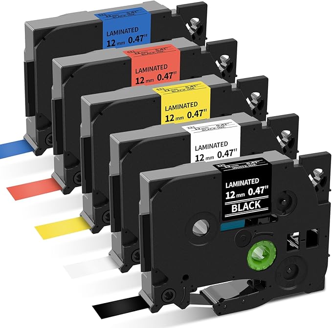 P Touch Label Maker Tape 12mm 0.47 Inch Laminated White/Black/Red/Blue/Yellow by COLORWING
