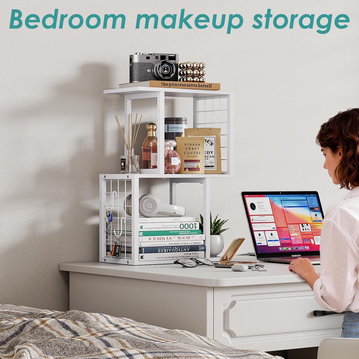 Small Desktop Bookshelf Organizer, White 3-Tier Desk Shelf with Metal Hook Wo...